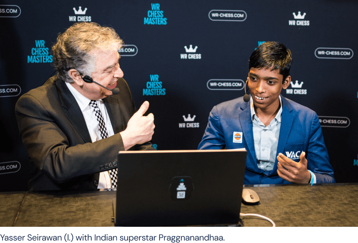 Yasser Seirawan (l.) with Indian superstar Praggnanandhaa.