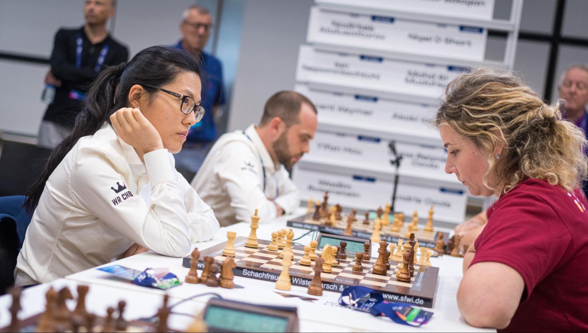 Revenge seven years later: Hou Yifan against Dana Reizniece-Ozola. | Photo: Lennart Ootes/WR Chess Rapid Team World Championship 2023